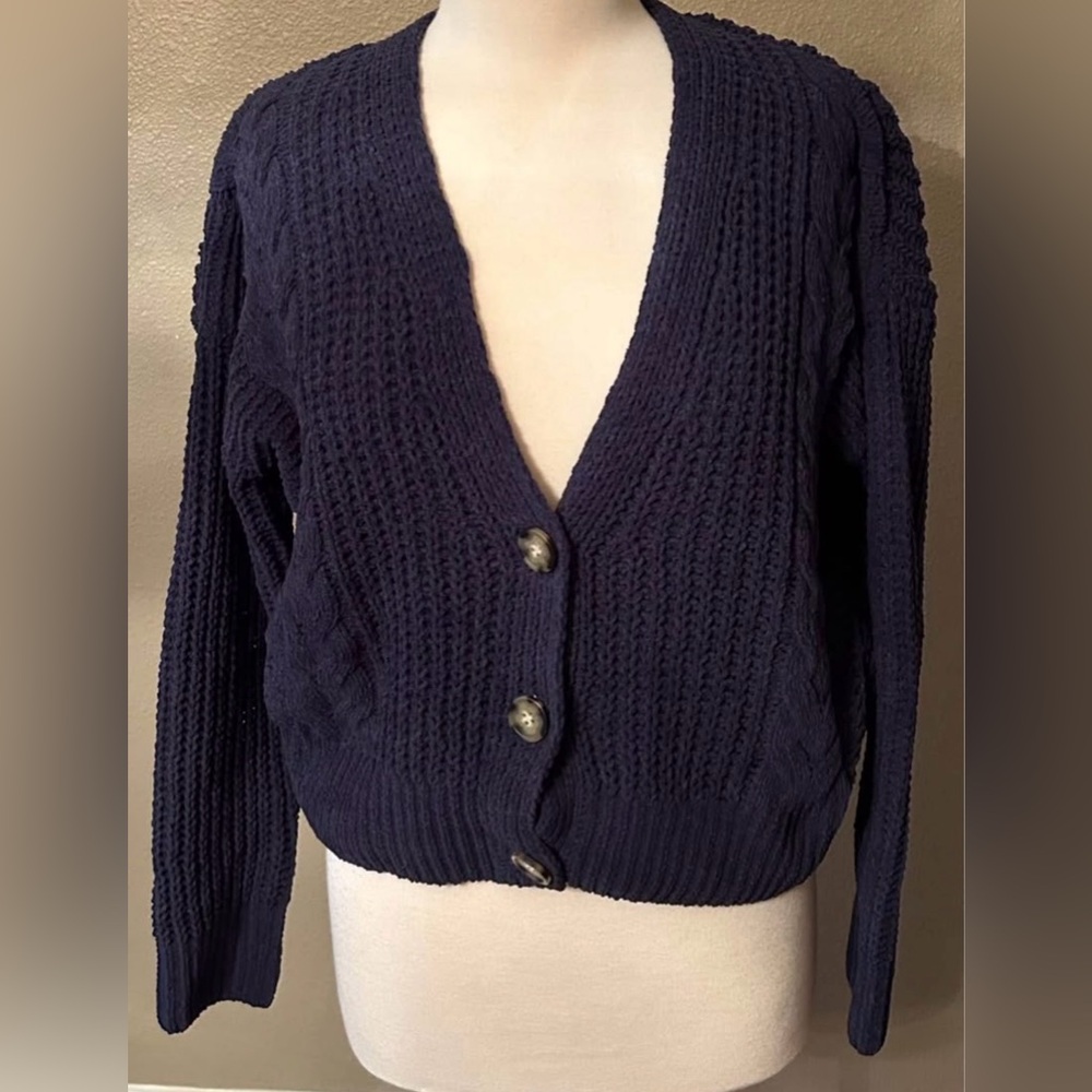 Pink Rose Navy Button-Front Knit Cardigan Size L